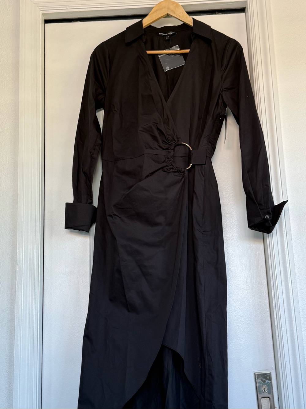 Boston Proper Black Midi Wrap Dress with Ring Detail 100% cotton